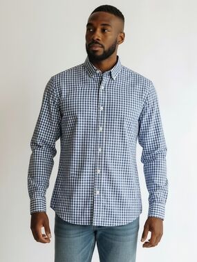 Ledbury Blue Gingham Small Check Dress Shirt Classic Cotton Spread Collar 15.5